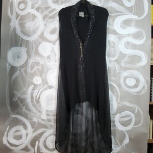 LOCAL Wmns XL Black Sheer Sweater Duster Open Front Rhinestone Detail Long Vest